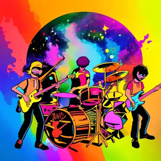 Prompt: band playing against colourful universe