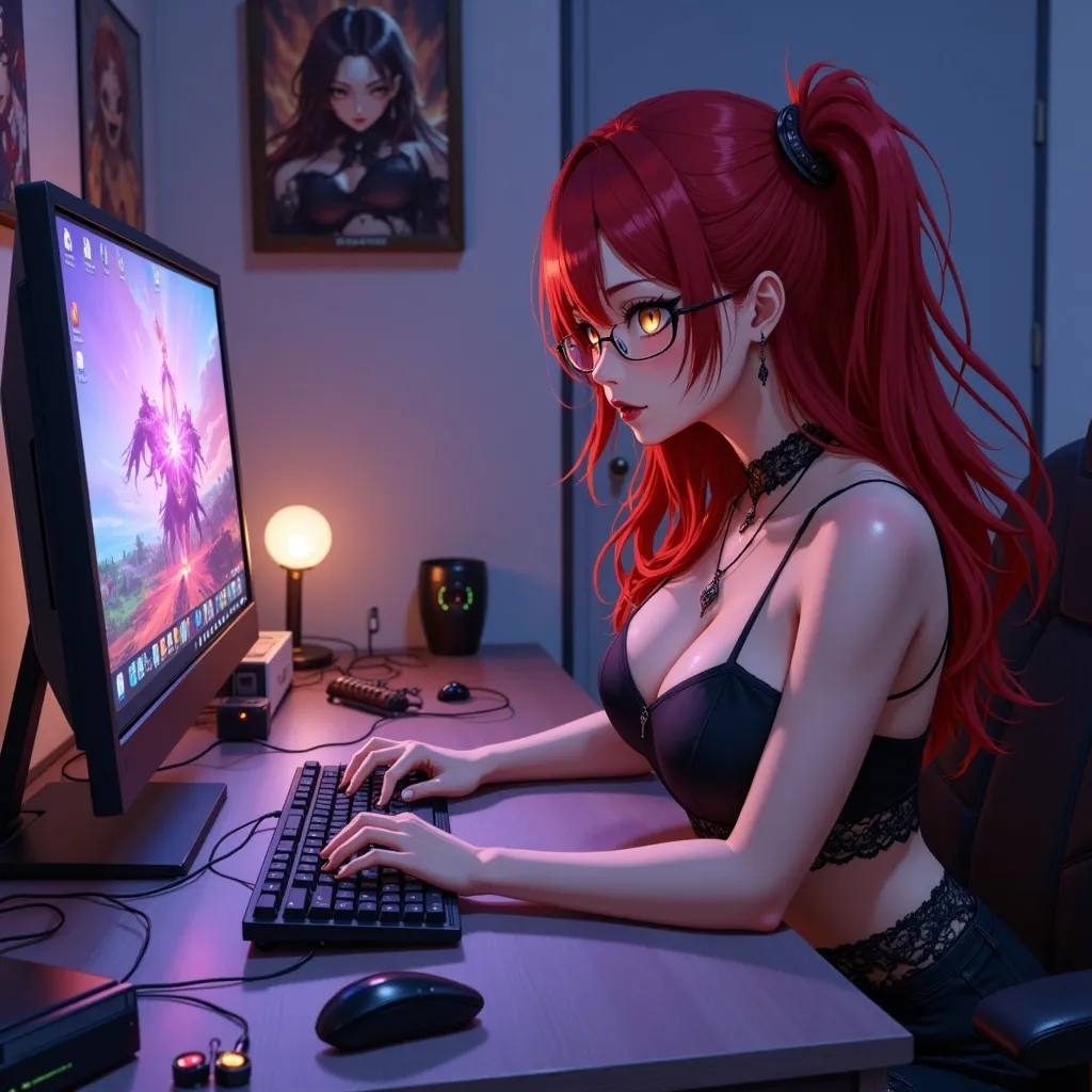 Prompt: @sYQf96M9V386xMYrR2lB is sitting at her computer playing a game.