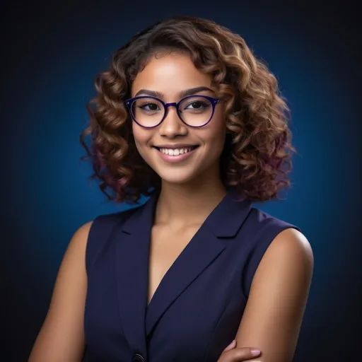 Prompt: Generate a very professional photo of a young Lady with a caramel skin and not too short well styled curly soft hair, wearing a transparent beautiful oval shaped glasses smiling a bit with a fold arms. She is dressed in a navy blue suit with a matching tie on a blue dress shirt. The background should be a gradient of purple hues, transitioning from dark at the top to lighter at the bottom. The lighting should be soft but focused, highlighting her sharp features and giving the image a dramatic yet elegant feel. The style of the photo should be modern and polished, with a hint of cinematic lighting, and a slightly surreal color tone to create a striking effect.”