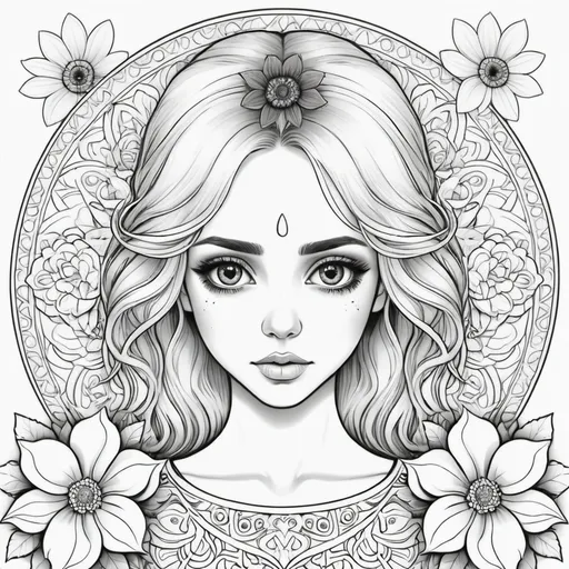 Prompt: black and white beautiful blonde women big eyes, full body coloring pages (make the page full, with flowers mandala)