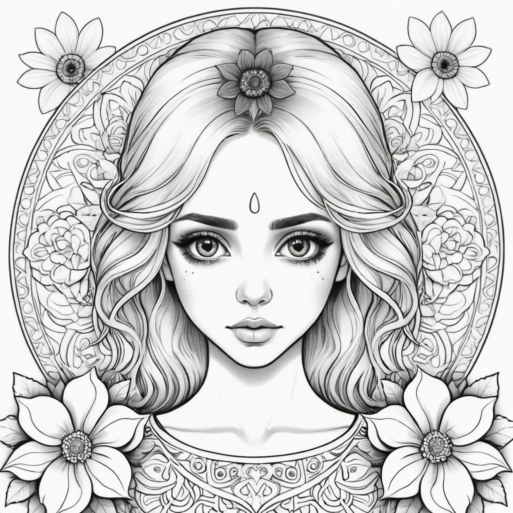 Prompt: black and white beautiful blonde women big eyes, full body coloring pages (make the page full, with flowers mandala)