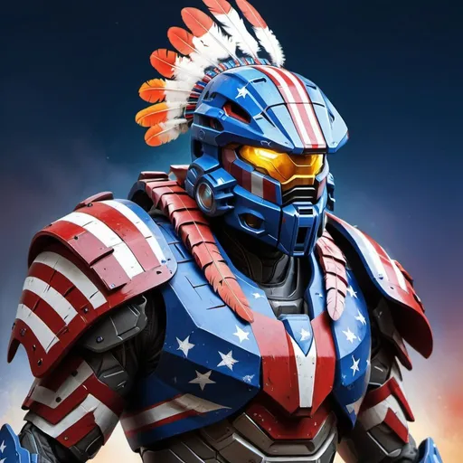 Prompt: Digital painting of USA's Halo armor, native Indian feathers, high quality, detailed digital painting, patriotic, futuristic, vibrant colors, powerful stance, dynamic lighting, 4k resolution, digital painting, sci-fi, patriotic, vibrant colors, detailed feathers, futuristic design, dynamic lighting, American football armor 