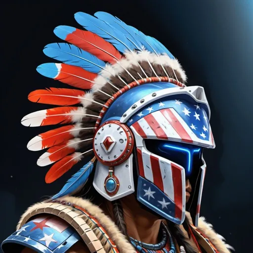 Prompt: Digital painting of American helmet, USA's Halo armor, native Indian feathers, high quality, detailed digital painting, patriotic, futuristic, vibrant colors, powerful stance, dynamic lighting, 4k resolution, digital painting, sci-fi, patriotic, vibrant colors, detailed feathers, futuristic design, dynamic lighting