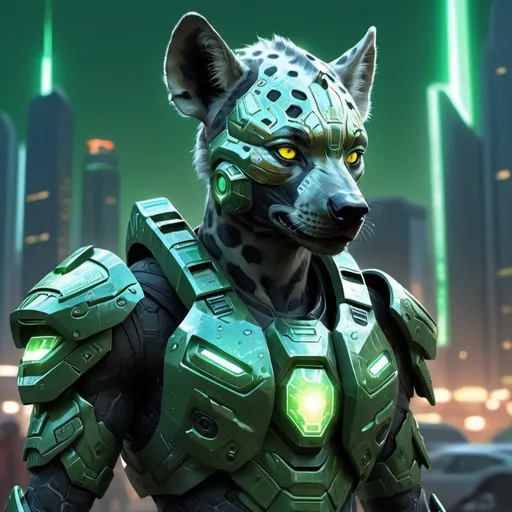 Prompt: Digital painting of Nigerian Halo armor, highres, ultra-detailed, futuristic, sci-fi, cool tones, detailed design, professional, atmospheric lighting, futuristic cityscape in the background, reflective surfaces, intricate patterns, Nigerian cultural elements, glowing energy accents, Hyena spots patterns, green 