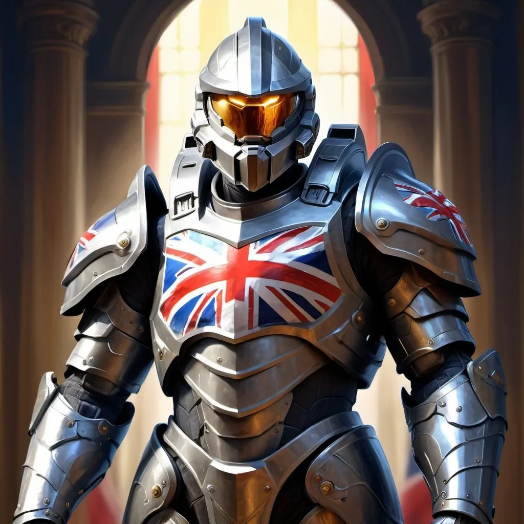 Prompt: Digital painting of a United Kingdom knight in Halo armor, detailed armor design, regal and imposing stance, high-res, ultra-detailed, digital painting, futuristic, royal colors, dynamic pose, intricate details, professional art style, atmospheric lighting, historical inspiration, British flag motif, imposing presence, union jack 