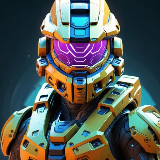 Prompt: Digital painting of futuristic Halo armor, vibrant colors, Bangladeshi culture incorporation, high-tech materials, intricate details, professional, high quality, 4k, ultra-detailed, futuristic, digital painting, vibrant colors, Bangladeshi culture, intricate details, professional, atmospheric lighting