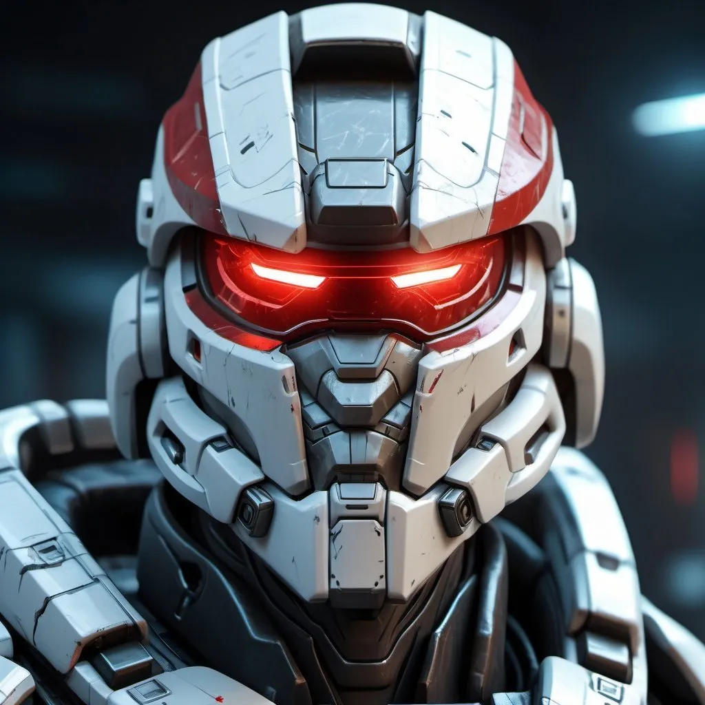 Prompt: Digital painting of Russian Halo armor, bear head helmet, woolly coat, white and red, high-res, detailed, futuristic, cool tones, cyberpunk, detailed armor, intense and focused gaze, professional, atmospheric lighting, Halo armor 