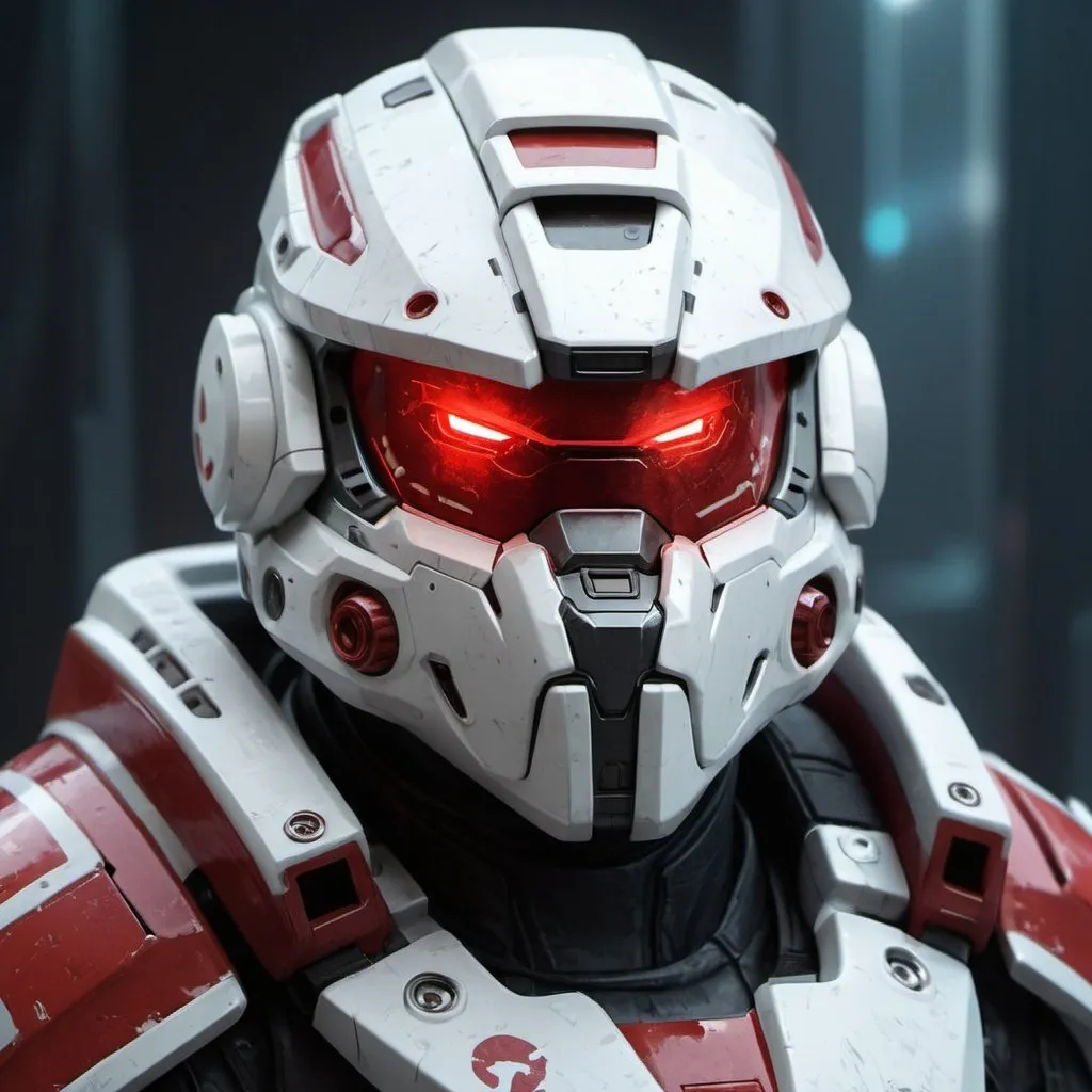 Prompt: Digital painting of Russian Halo armor, bear head helmet, woolly coat, white and red, high-res, detailed, futuristic, cool tones, cyberpunk, detailed armor, intense and focused gaze, professional, atmospheric lighting