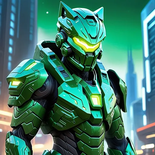 Prompt: Digital painting of Nigerian Halo armor, highres, ultra-detailed, futuristic, sci-fi, cool tones, detailed design, professional, atmospheric lighting, futuristic cityscape in the background, reflective surfaces, intricate patterns, Nigerian cultural elements, glowing energy accents,  Hyena spotted fur armor patterns, green 