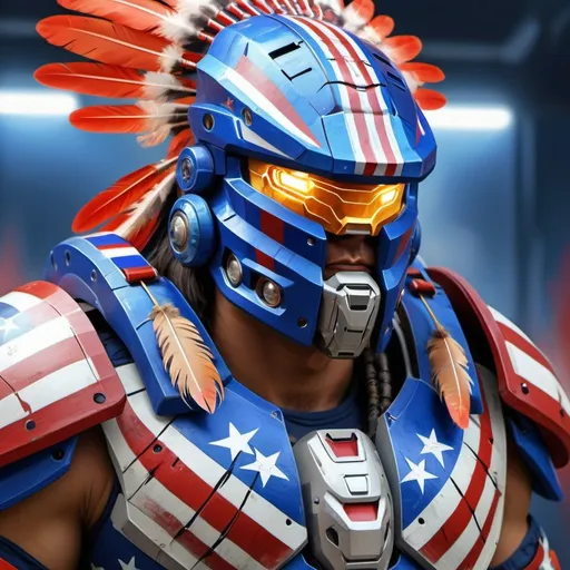 Prompt: Digital painting of USA's Halo armor, native Indian feathers, high quality, detailed digital painting, patriotic, futuristic, vibrant colors, powerful stance, dynamic lighting, 4k resolution, digital painting, sci-fi, patriotic, vibrant colors, detailed feathers, futuristic design, dynamic lighting, American football armor 