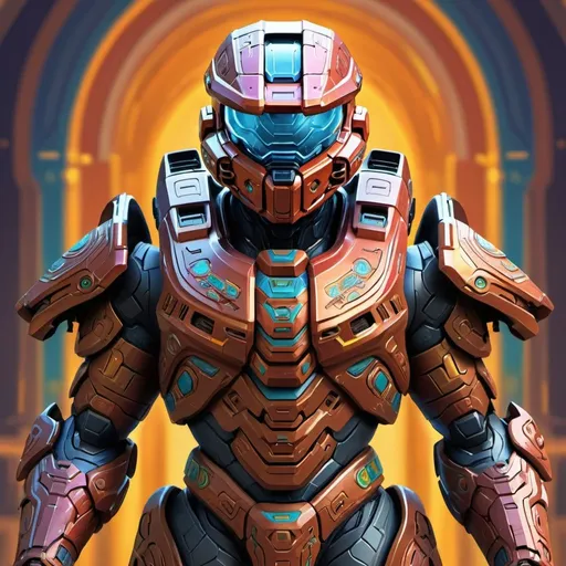 Prompt: Digital painting of Halo armor, Indian-inspired details, vibrant colors, intricate patterns, high-tech futuristic design, detailed weaponry, professional quality, digital painting, Indian-inspired, vibrant colors, intricate patterns, futuristic design, detailed weaponry, high-tech, professional, vibrant lighting