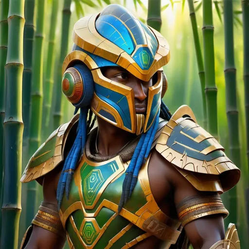 Prompt: Digital painting, Ethiopian, Halo armor, bamboo helmet, tribal art, high quality, detailed, futuristic, vibrant colors, atmospheric lighting, Full body halo armor, Halo