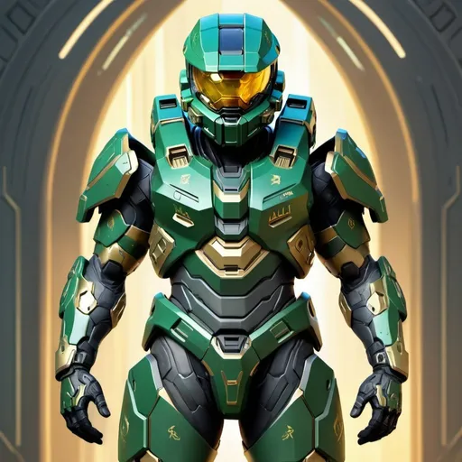 Prompt: Digital painting of futuristic Halo armor, inspired by Pakistani culture, intricate gold and green details, high-tech military gear, dynamic and heroic pose, professional digital painting, detailed textures, vibrant colors, futuristic, Pakistan-inspired, heroic stance, military gear, high-tech, intricate details, professional quality, vibrant color palette, dynamic composition