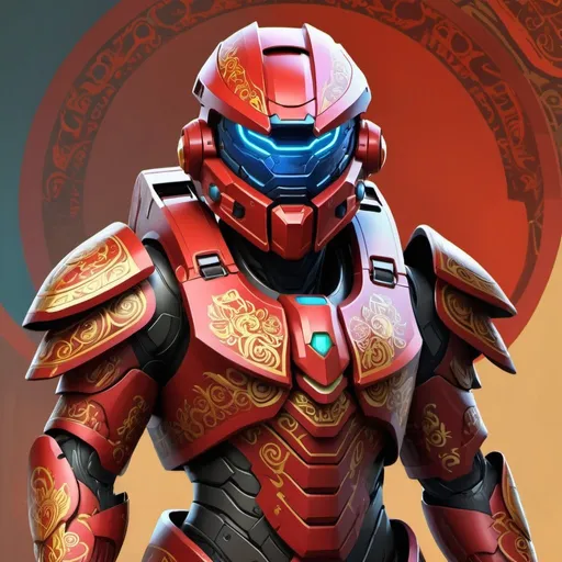 Prompt: Digital painting of Indonesian-themed Halo armor, high-tech futuristic design, traditional Indonesian patterns, vibrant colors, detailed armor plating, professional digital illustration, high quality, futuristic, traditional patterns, vibrant colors, detailed armor, Indonesian-themed, digital painting