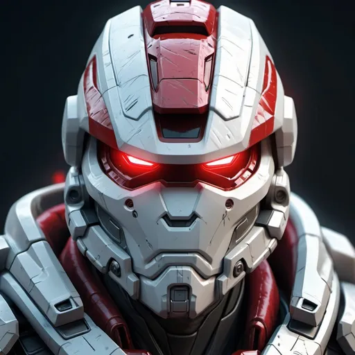 Prompt: Digital painting of Russian Halo armor, bear head helmet, woolly coat, white and red, high-res, detailed, futuristic, cool tones, cyberpunk, detailed armor, intense and focused gaze, professional, atmospheric lighting