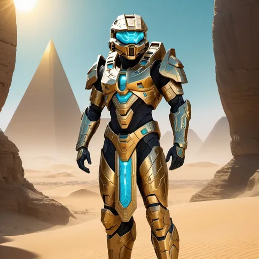 Prompt: Digital painting of Halo armor with an Egyptian twist, intricate gold and turquoise details, desert landscape backdrop, high-tech futuristic rendering, epic and grandiose, 4k ultra-detailed, digital painting, futuristic, Egyptian theme, desert landscape, gold and turquoise details, high-tech armor, grandiose atmosphere, professional rendering, atmospheric lighting