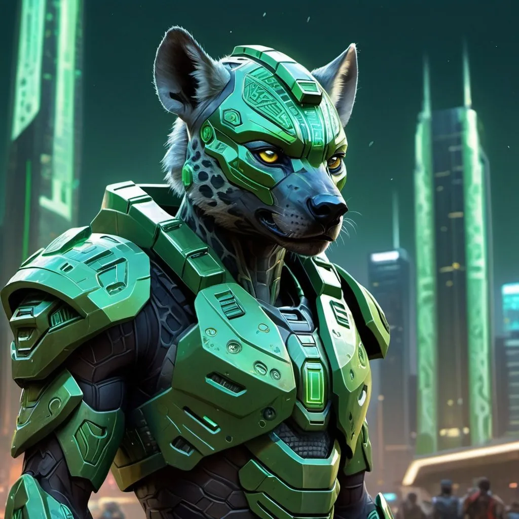 Prompt: Digital painting of Nigerian Halo armor, highres, ultra-detailed, futuristic, sci-fi, cool tones, detailed design, professional, atmospheric lighting, futuristic cityscape in the background, reflective surfaces, intricate patterns, Nigerian cultural elements, glowing energy accents,  Hyena spotted fur armor patterns, green 
