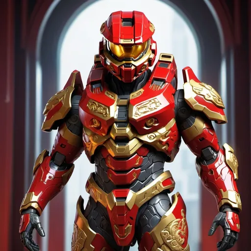 Prompt: Detailed digital illustration of Halo armor from China, highres, ultra-detailed, futuristic, Chinese-inspired, intricate armor design, ornate details, vibrant red and gold color scheme, imposing and powerful stance, dynamic pose, professional, atmospheric lighting