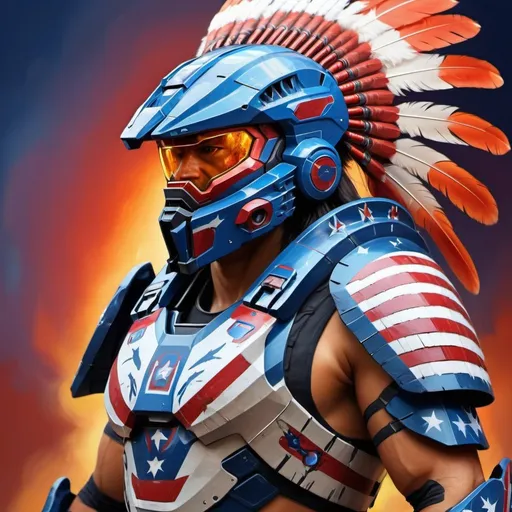 Prompt: Digital painting of USA's Halo armor, native Indian feathers, high quality, detailed digital painting, patriotic, futuristic, vibrant colors, powerful stance, dynamic lighting, 4k resolution, digital painting, sci-fi, patriotic, vibrant colors, detailed feathers, futuristic design, dynamic lighting