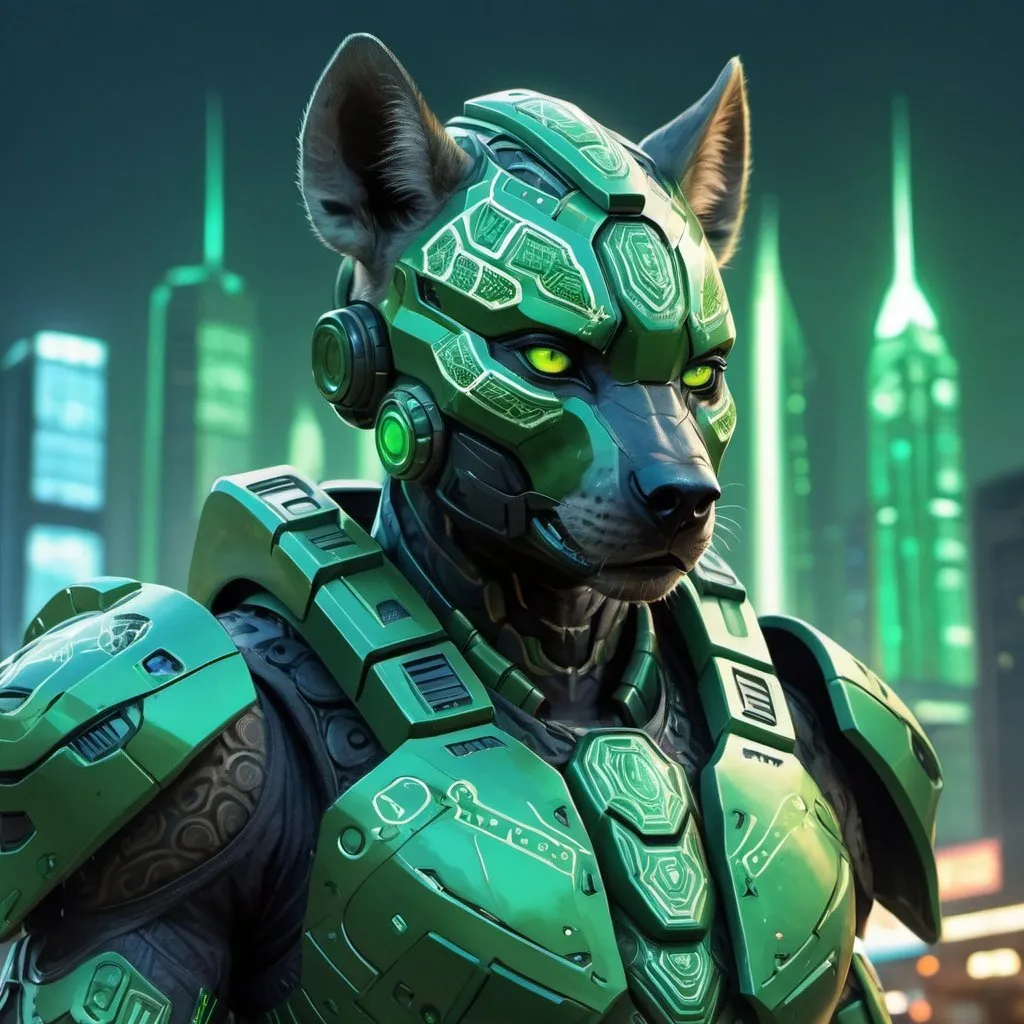 Prompt: Digital painting of Nigerian Halo armor, highres, ultra-detailed, futuristic, sci-fi, cool tones, detailed design, professional, atmospheric lighting, futuristic cityscape in the background, reflective surfaces, intricate patterns, Nigerian cultural elements, glowing energy accents, Hyena spotted armor patterns, green 
