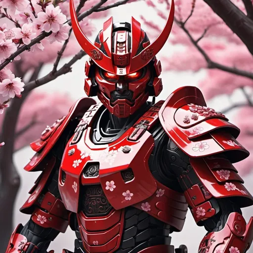 Prompt: Digital painting of a Samurai Halo armor in a Japanese setting, intricate metallic details, high-tech futuristic style, vibrant red and black tones, dynamic samurai pose, cybernetic elements, cherry blossom backdrop, 4k, ultra-detailed, digital painting, futuristic, samurai, vibrant red and black, cybernetic armor, dynamic pose, cherry blossom, high-tech, metallic details, Japanese setting, professional, dynamic lighting