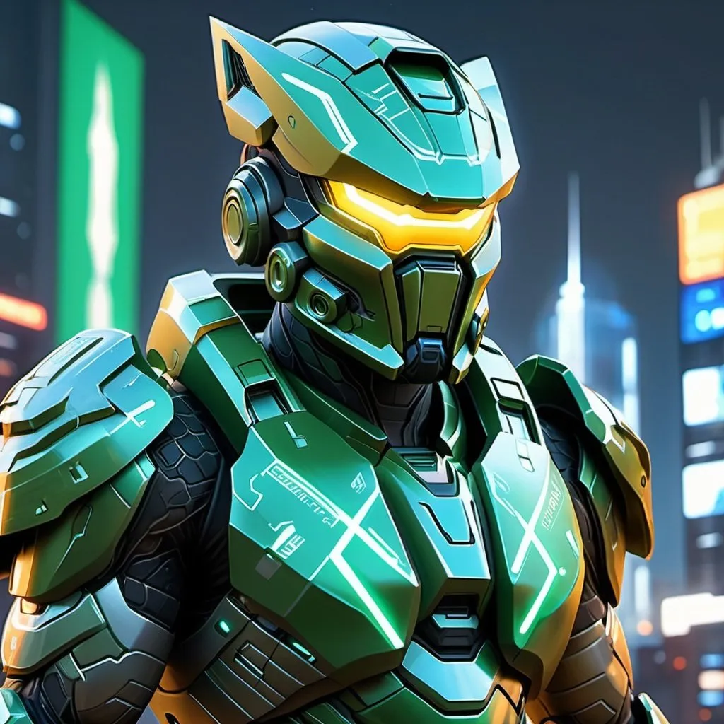 Prompt: Digital painting of Nigerian Halo armor, highres, ultra-detailed, futuristic, sci-fi, cool tones, detailed design, professional, atmospheric lighting, futuristic cityscape in the background, reflective surfaces, intricate patterns, Nigerian cultural elements, glowing energy accents,  Hyena, fur armor patterns, Nigerian flag