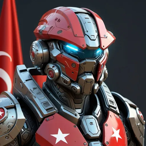 Prompt: Digital painting, Turkish-inspired, futuristic Halo armor, detailed and intricate design, high-tech materials, Turkish flag colors, professional digital art, vibrant colors, realistic rendering, best quality, ultra-detailed, futuristic, Turkish-inspired, high-tech armor, intricate details, professional, vibrant colors, realistic rendering