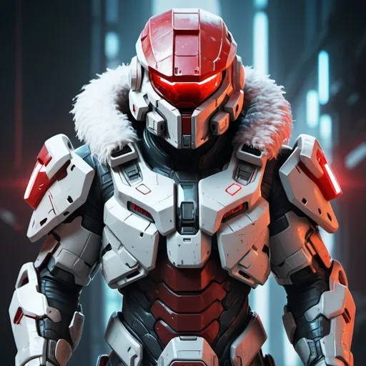 Prompt: Digital painting of Russian Halo armor, bear head helmet, woolly coat, white and red, high-res, detailed, futuristic, cool tones, cyberpunk, detailed armor, intense and focused gaze, professional, atmospheric lighting,  show full body stance