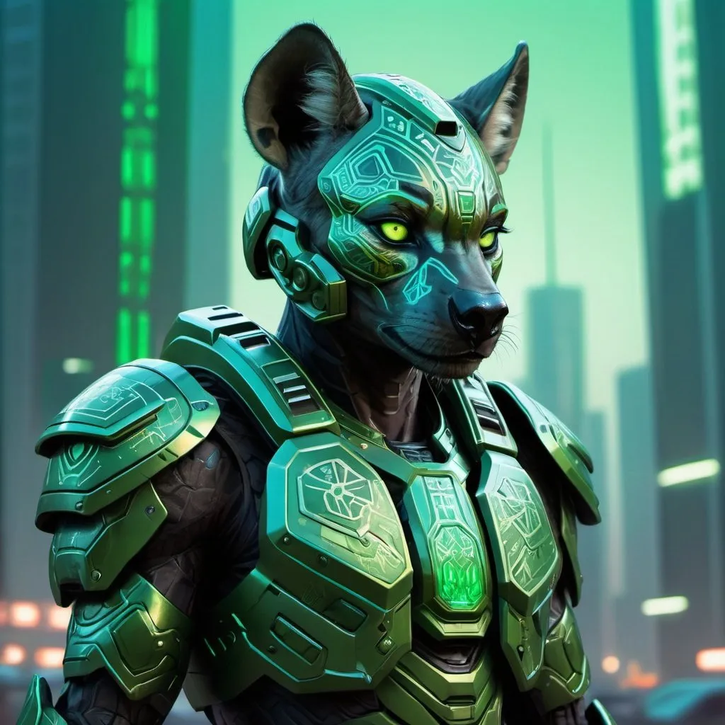 Prompt: Digital painting of Nigerian Halo armor, highres, ultra-detailed, futuristic, sci-fi, cool tones, detailed design, professional, atmospheric lighting, futuristic cityscape in the background, reflective surfaces, intricate patterns, Nigerian cultural elements, glowing energy accents, Hyena spotted armor patterns, green 