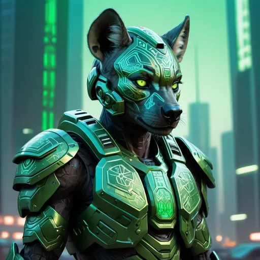 Prompt: Digital painting of Nigerian Halo armor, highres, ultra-detailed, futuristic, sci-fi, cool tones, detailed design, professional, atmospheric lighting, futuristic cityscape in the background, reflective surfaces, intricate patterns, Nigerian cultural elements, glowing energy accents, Hyena spotted armor patterns, green 