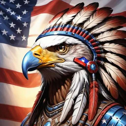Prompt: Digital painting of American Eagle helmet, USA's Halo armor, national Indian feathers, high quality, detailed digital painting, patriotic, futuristic, vibrant colors, powerful stance, dynamic lighting, 4k resolution, digital painting, sci-fi, patriotic, vibrant colors, detailed feathers, futuristic design, dynamic lighting