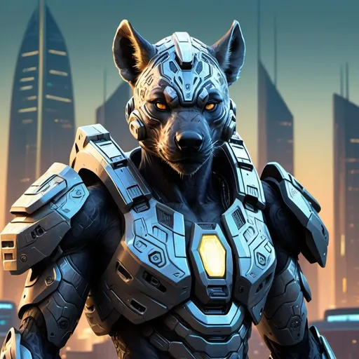 Prompt: Digital painting of Nigerian Halo armor, highres, ultra-detailed, futuristic, sci-fi, cool tones, detailed design, professional, atmospheric lighting, futuristic cityscape in the background, reflective surfaces, intricate patterns, Nigerian cultural elements, glowing energy accents, Hyena patterns 