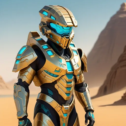 Prompt: Digital painting of Halo armor with an Egyptian twist, intricate gold and turquoise details, desert landscape backdrop, high-tech futuristic rendering, epic and grandiose, 4k ultra-detailed, digital painting, futuristic, Egyptian theme, desert landscape, gold and turquoise details, high-tech armor, grandiose atmosphere, professional rendering, atmospheric lighting