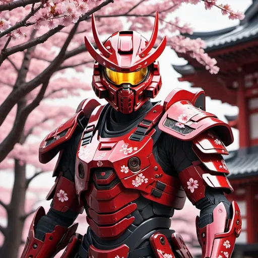 Prompt: Digital painting of a Samurai Halo armor in a Japanese setting, intricate metallic details, high-tech futuristic style, vibrant red and black tones, dynamic samurai pose, cybernetic elements, cherry blossom backdrop, 4k, ultra-detailed, digital painting, futuristic, samurai, vibrant red and black, cybernetic armor, dynamic pose, cherry blossom, high-tech, metallic details, Japanese setting, professional, dynamic lighting, Halo Helmet visa