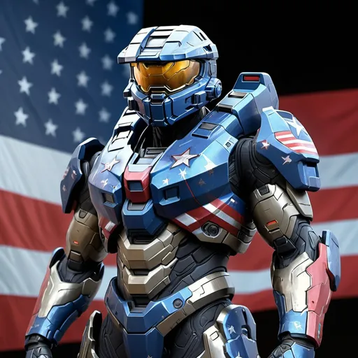 Prompt: Digital painting of a United States Halo armor, patriotic colors, highly detailed metallic texture, heroic and powerful stance, futuristic sci-fi style, vibrant lighting, 4k resolution, professional digital painting, United States, Halo armor, highly detailed, metallic texture, heroic stance, futuristic, sci-fi, vibrant lighting, patriotic colors