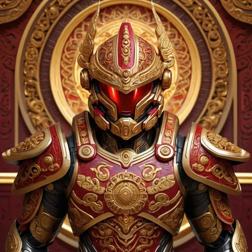 Prompt: Digital painting of Thai-inspired Halo armor, high-tech futuristic design, intricate carvings and details, vibrant gold and crimson color scheme, ornate traditional Thai patterns, strong and imposing stance, best quality, highres, ultra-detailed, digital painting, futuristic, Thai-inspired, ornate details, vibrant colors, imposing stance, professional, atmospheric lighting