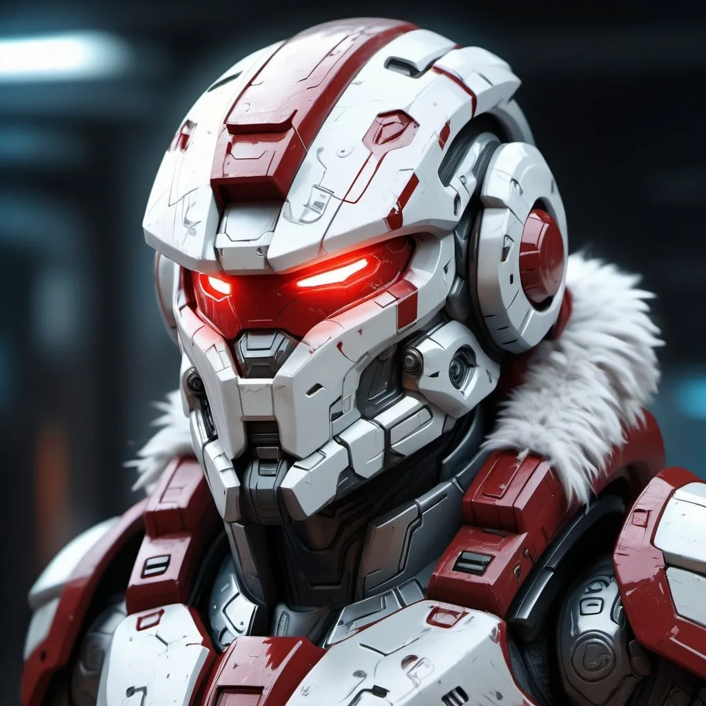 Prompt: Digital painting of Russian Halo armor, bear head helmet, woolly coat, white and red, high-res, detailed, futuristic, cool tones, cyberpunk, detailed armor, intense and focused gaze, professional, atmospheric lighting