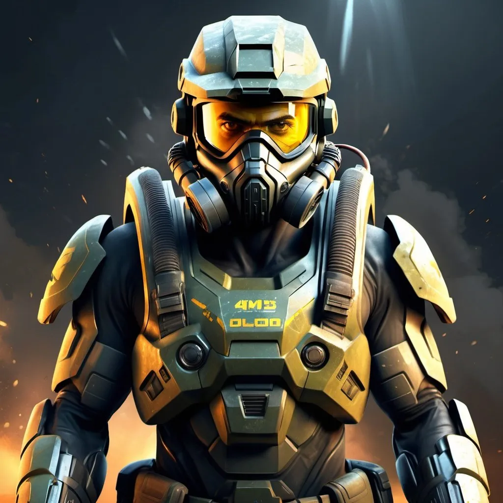 Prompt: Digital painting of German soldier in Halo armor with German helmet and gas mask, military sci-fi vibe, detailed weathered textures, high quality, digital painting, military sci-fi, German soldier, Halo armor, German helmet, gas mask, weathered textures, detailed, Germany, futuristic, dark and gritty, intense lighting, Full body stance, blood and gold visa