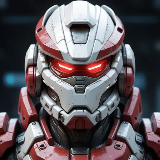 Prompt: Digital painting of Russian Halo armor, bear head helmet, woolly coat, white and red, high-res, detailed, futuristic, cool tones, cyberpunk, detailed armor, intense and focused gaze, professional, atmospheric lighting,  strong stance