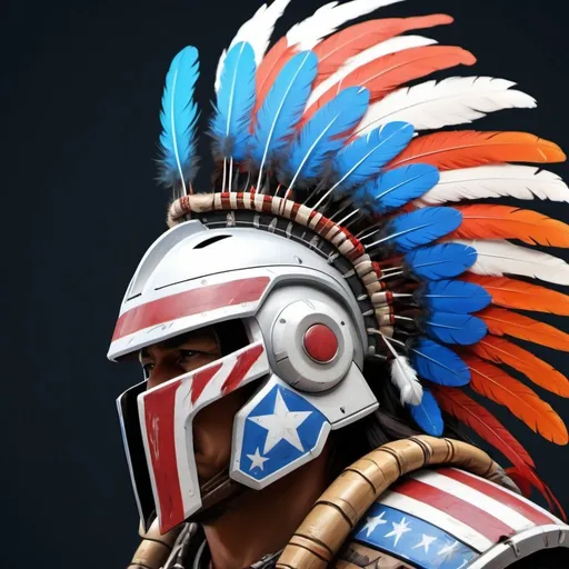 Prompt: Digital painting of American helmet, USA's Halo armor, native Indian feathers, high quality, detailed digital painting, patriotic, futuristic, vibrant colors, powerful stance, dynamic lighting, 4k resolution, digital painting, sci-fi, patriotic, vibrant colors, detailed feathers, futuristic design, dynamic lighting