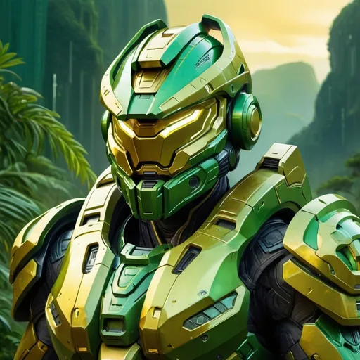 Prompt: Digital painting of Brazilian Halo armor, futuristic Brazilian landscape in the background, high-tech armor with intricate details, vibrant green and gold color tones, professional digital painting, ultra-detailed, sci-fi, futuristic, Brazilian-themed, intense and focused design, atmospheric lighting, best quality, highres