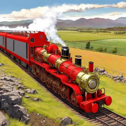 Prompt: A red steam engine with a black front rolling through a valley with hills on a train track. The steam should be light grey. The steam engine should be in front of/attached to 5 train cars. Painting style. The train passes by a field full of animals

