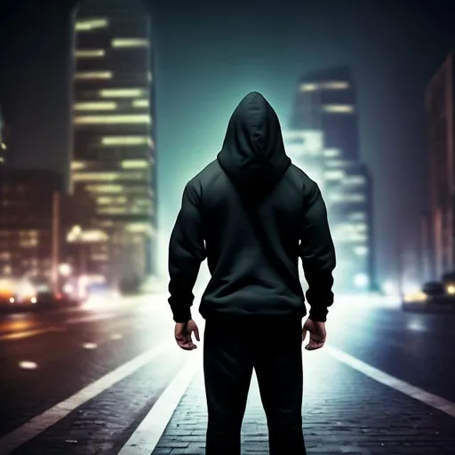 Prompt: photorealistic picture of criminal in black hoodie and clothes, in a dark city