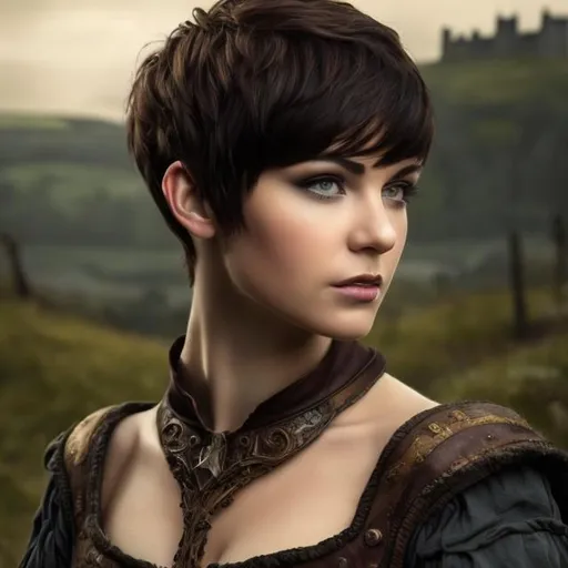 Prompt: portrait of a beautiful woman with dark pixie cut hair dressed in men's medieval style. Background is low grassy hills