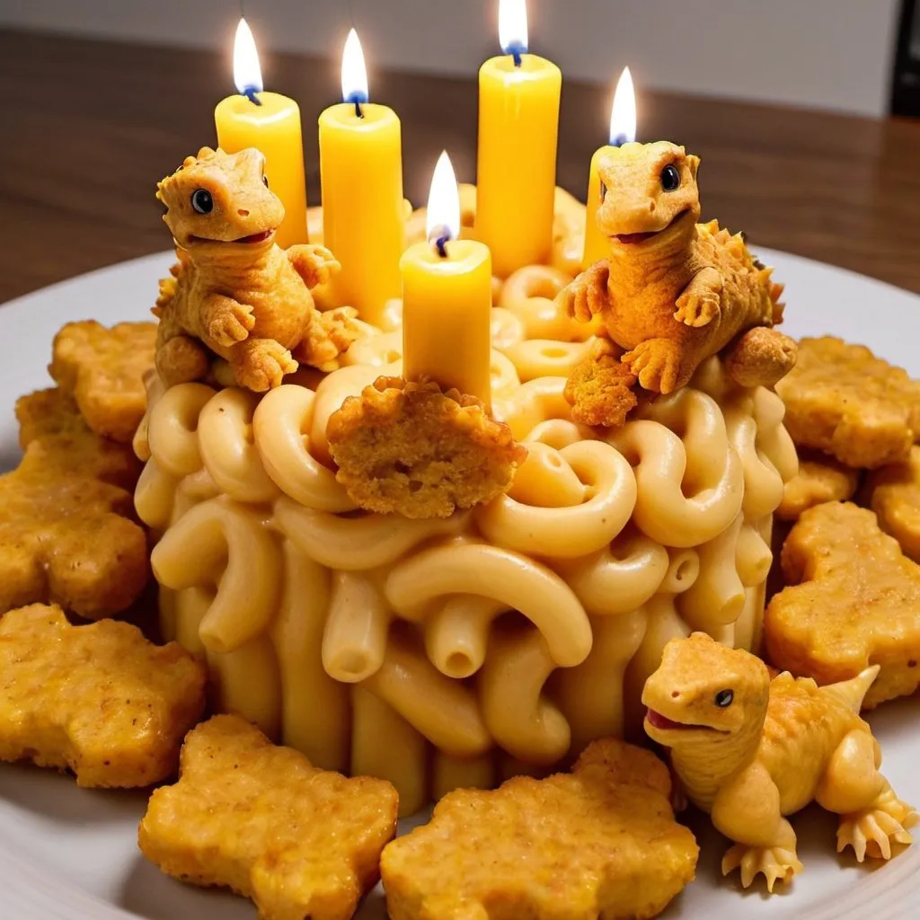 Prompt: baked kraft mac and cheese with dino nuggets in it with a 21 candle