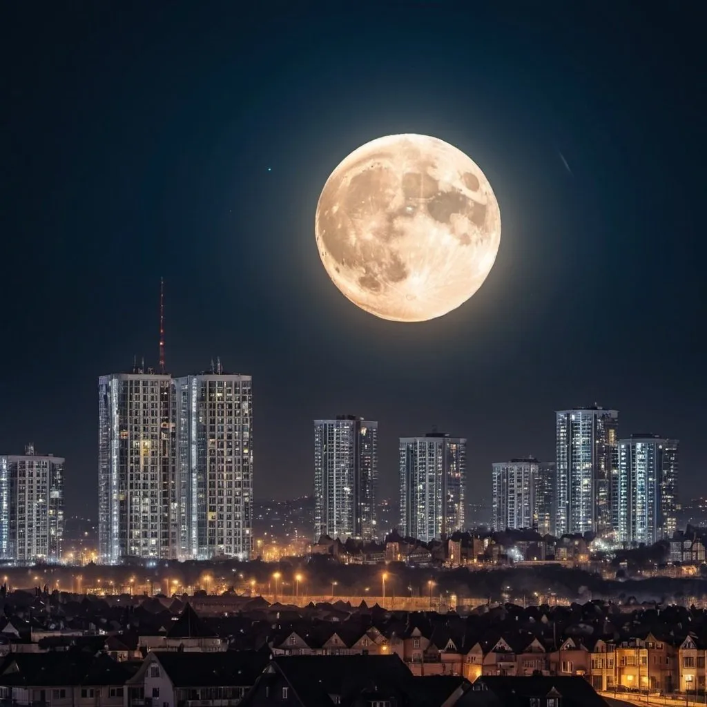 Prompt: A big shiny moon behind of the city with towers at night