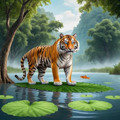 Prompt: A massive strong tiger with blue eyes standing on top of a big floating leaf in the huge river . The river is sureounded with big trees and wild animals. In the river there are different fishes floating  along with the tiger