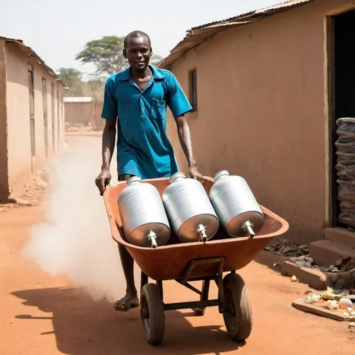 Prompt: African man pushing a wheel barrow with cooking gas canisters