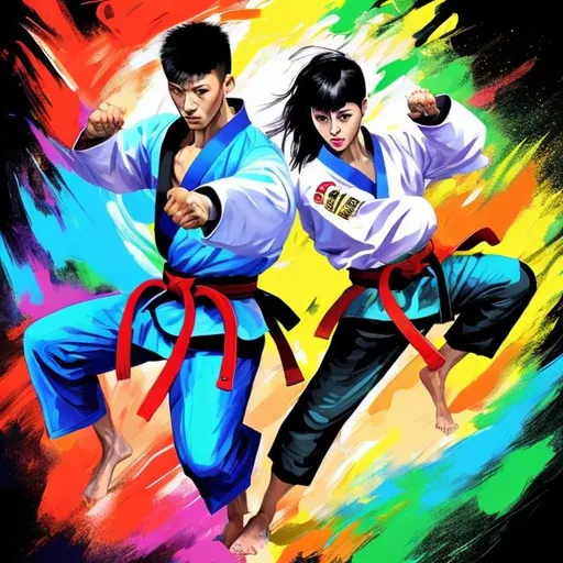 Prompt: Digitally painted illustration of Taekwondo numbers, dynamic and powerful poses, bold and vibrant colors, energetic movement, martial arts theme, high-res, action-packed, dynamic poses, martial arts, bold colors, energetic, digital painting, powerful, high quality
