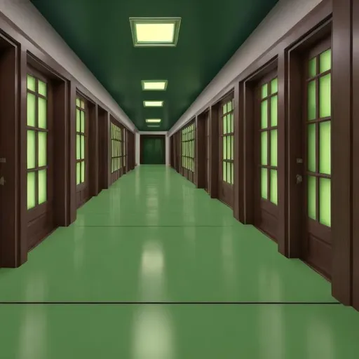 Prompt: A computerized image of a  long hallway in an old office building. At the end of the hallway a glass door leading to a new realm. The flooring is avocado green in color, and the doors are oak wood. At the end of a the hallway a CLEAR GLASS portal is seen